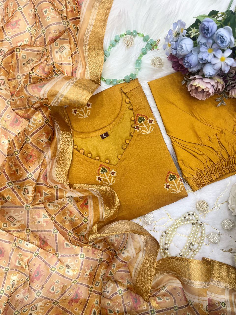 Exquisite Mustard Pure Banarasi Silk Kurti, Pant With Dupatta