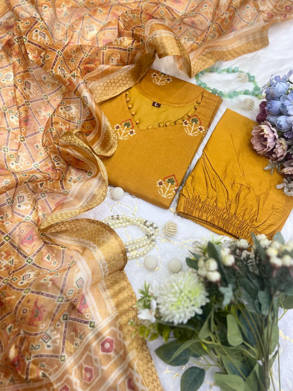 Exquisite Mustard Pure Banarasi Silk Kurti, Pant With Dupatta