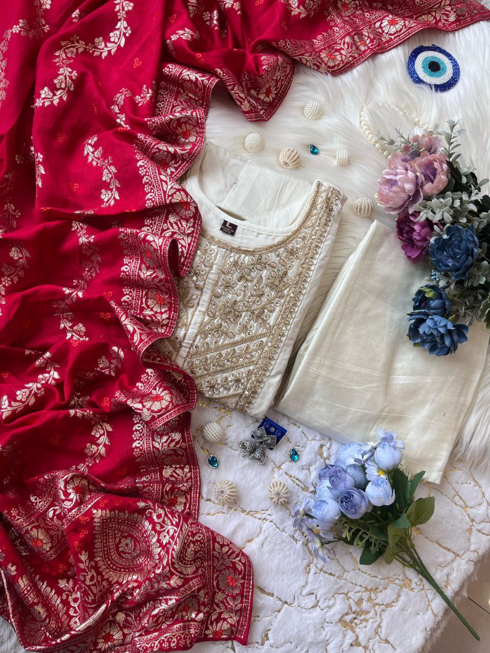 Dashing White Pure Banana Silk Anarkali Suit Set.