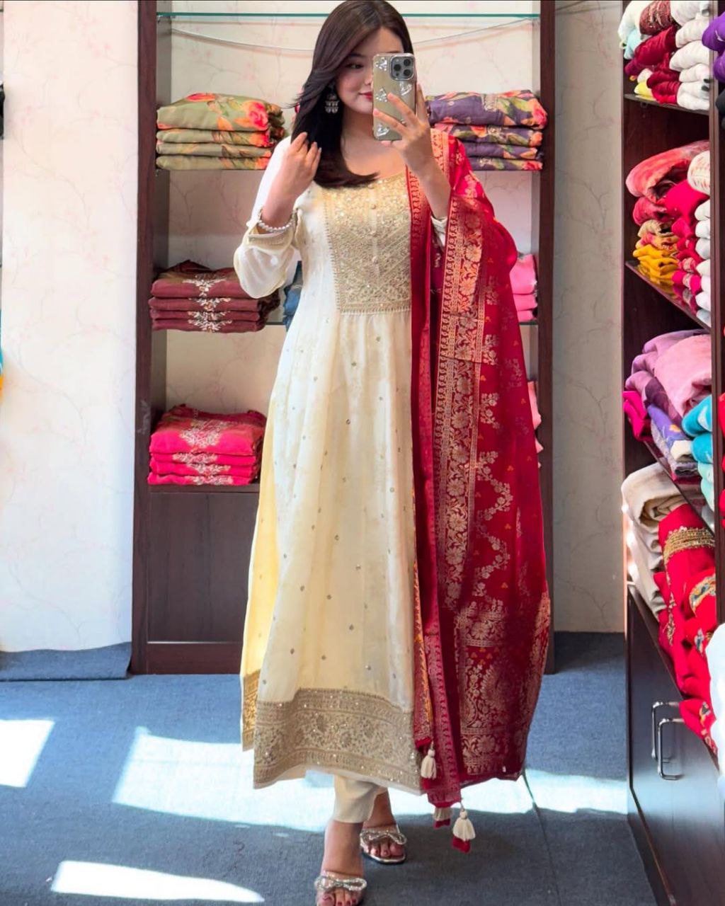 Dashing White Pure Banana Silk Anarkali Suit Set.