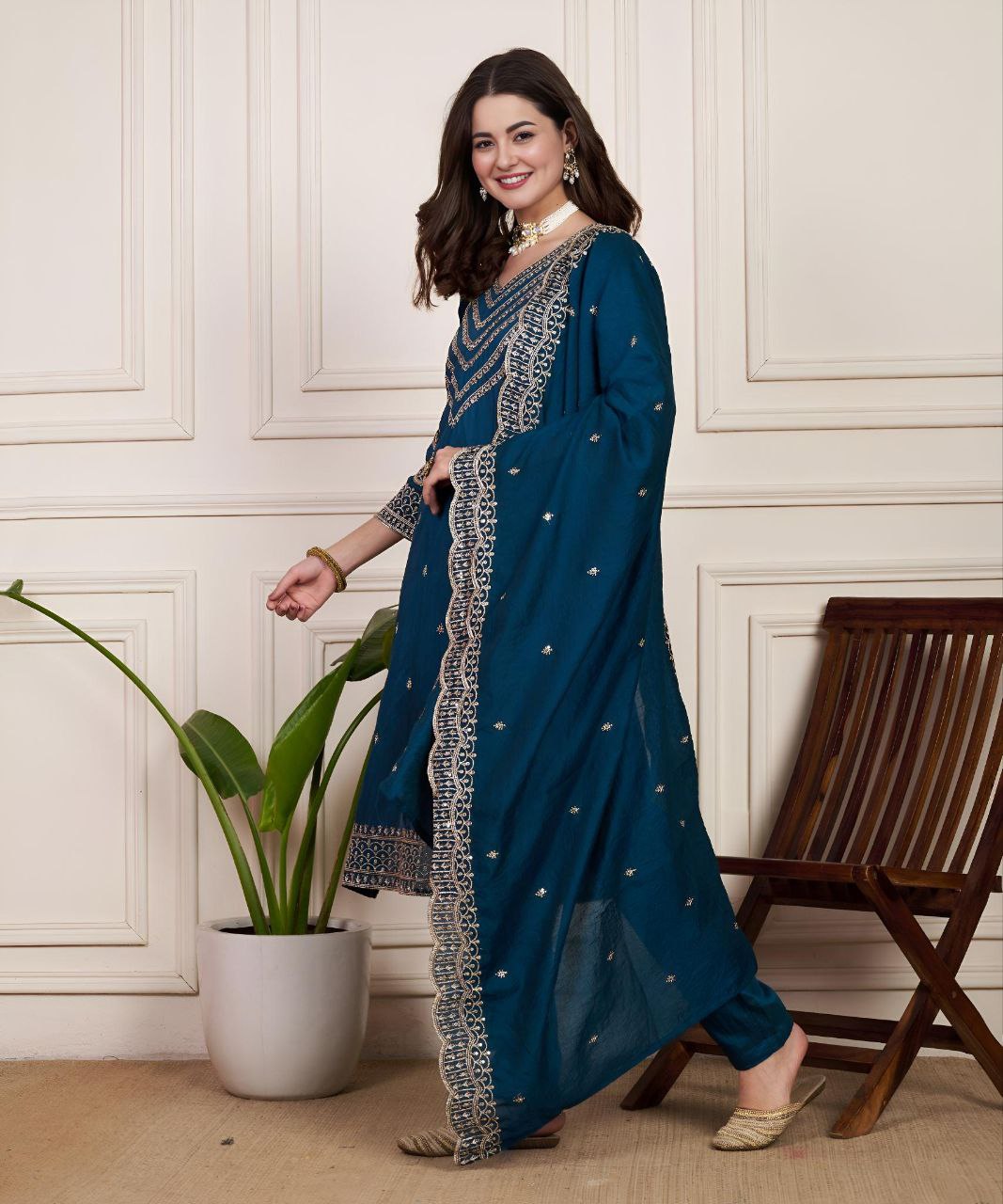 Classic Rama Pure Chanderi Silk Kuta Pant With Dupatta