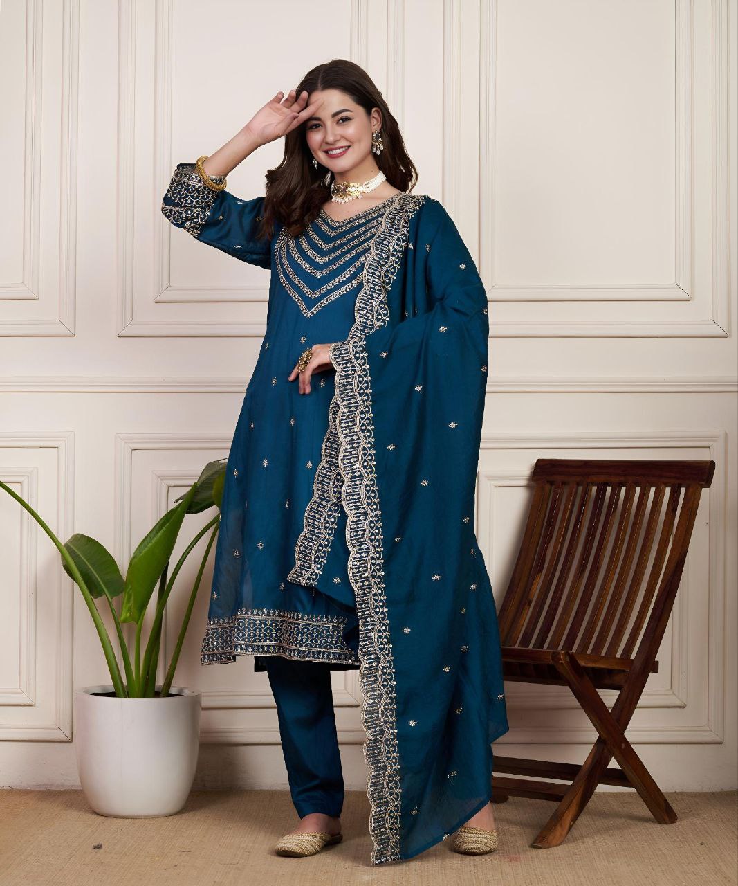 Classic Rama Pure Chanderi Silk Kuta Pant With Dupatta