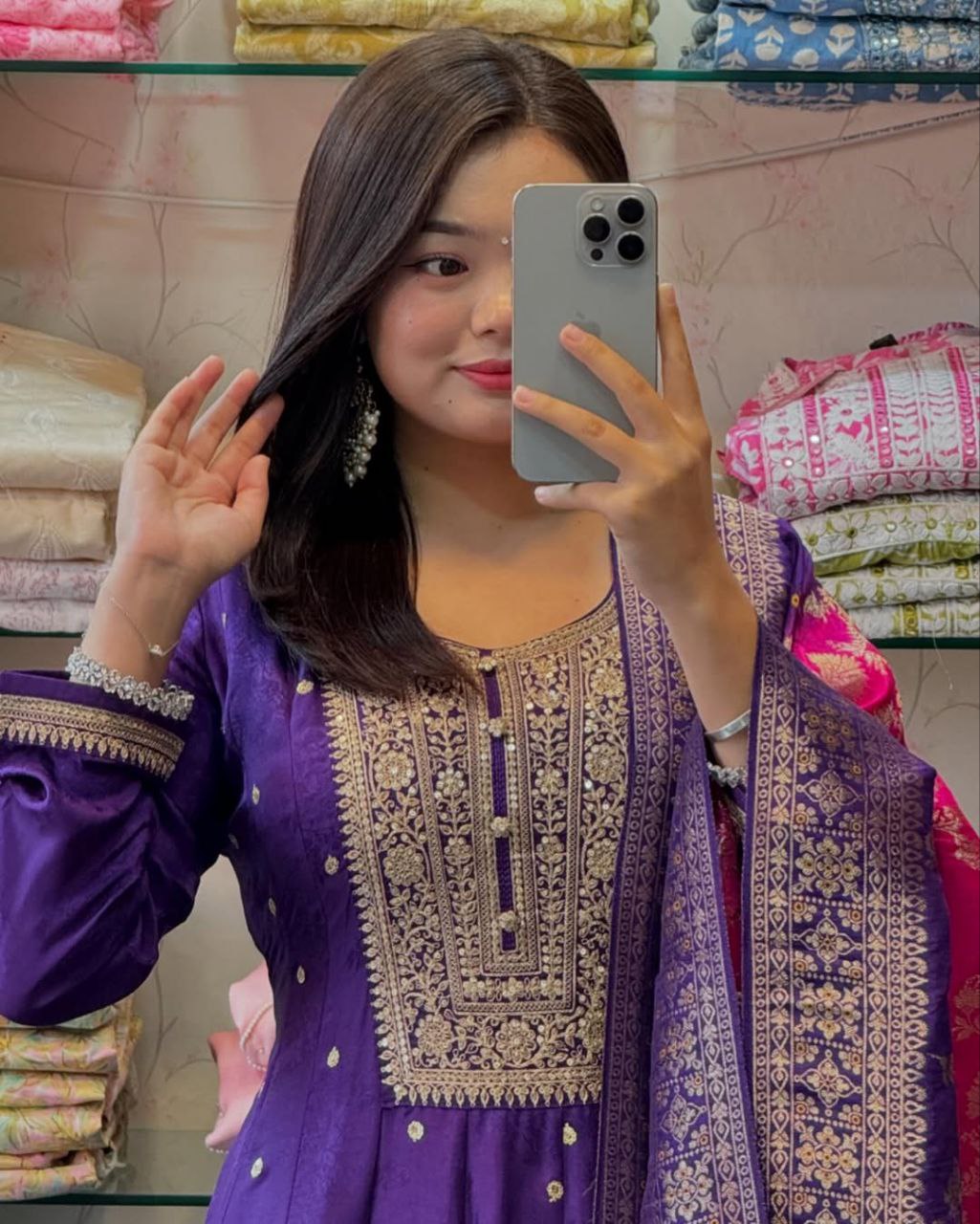 Innovative Purple Pure Banana Silk Anarkali Suit Set.