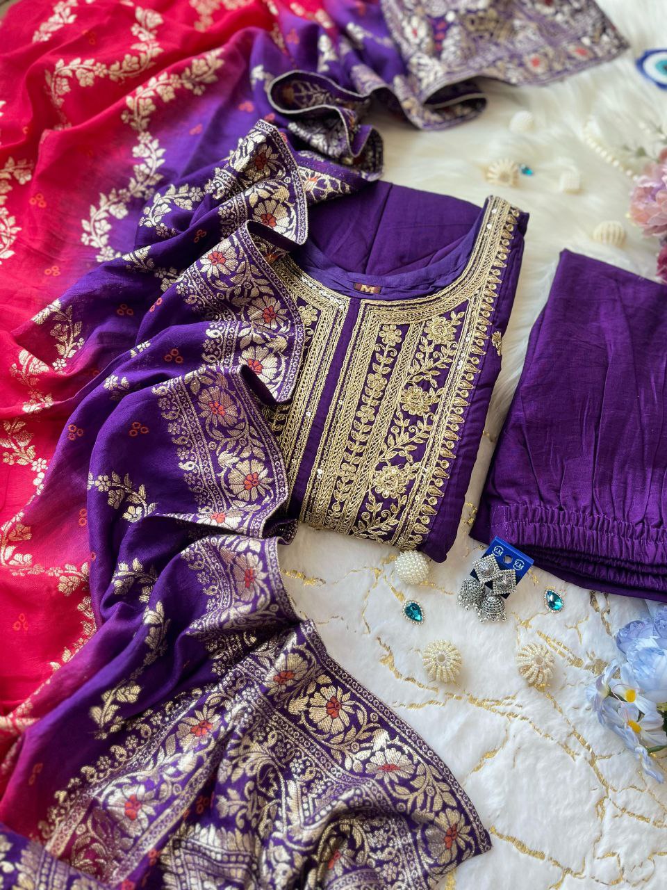 Innovative Purple Pure Banana Silk Anarkali Suit Set.