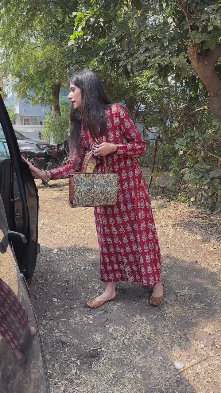 Rihanaa Maroon Cotton Block Printed Button-Down Dress