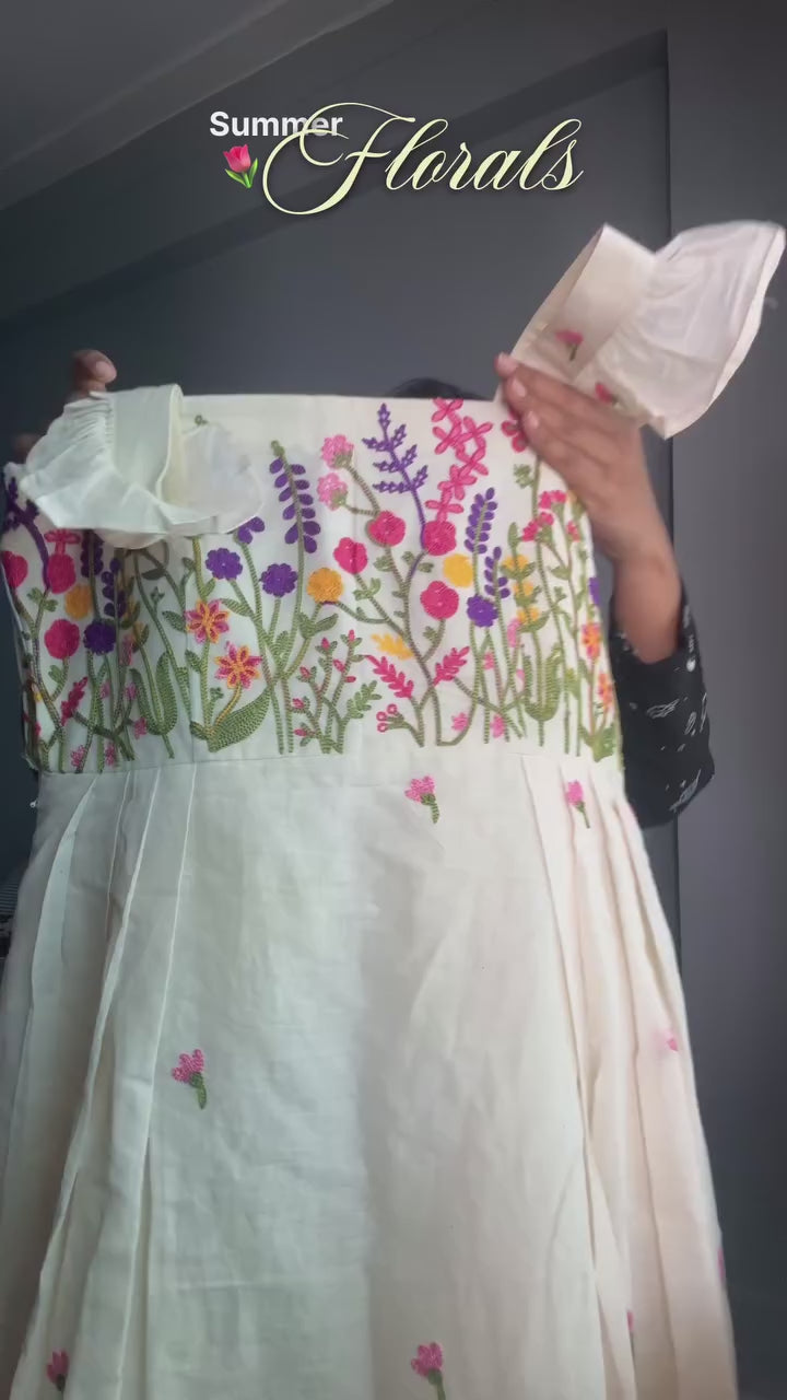Floral Embroidered Puff Sleeve Empire Frock