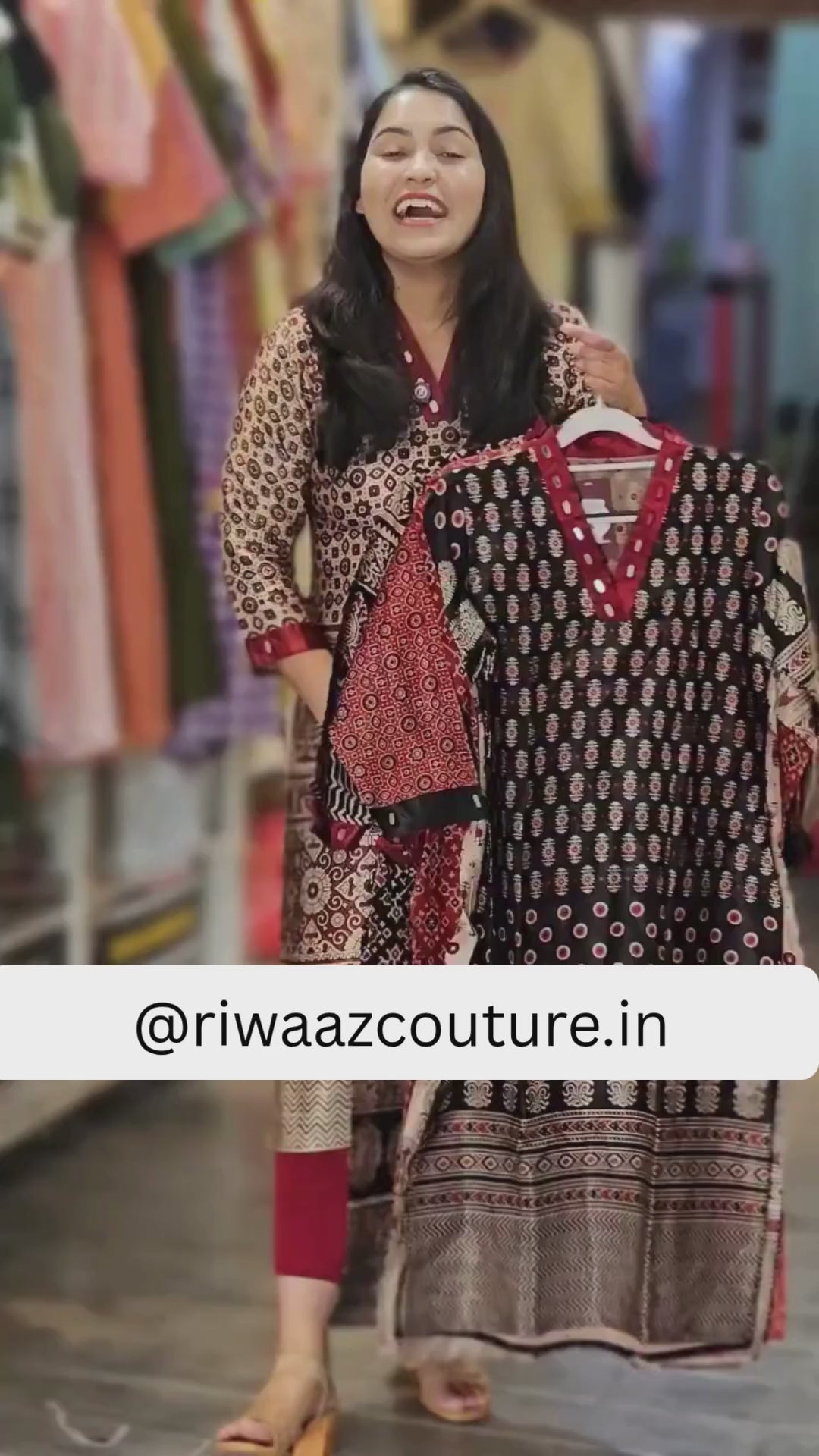 Mahi Ajrakh Printed Real Mirror A-Line kurtis