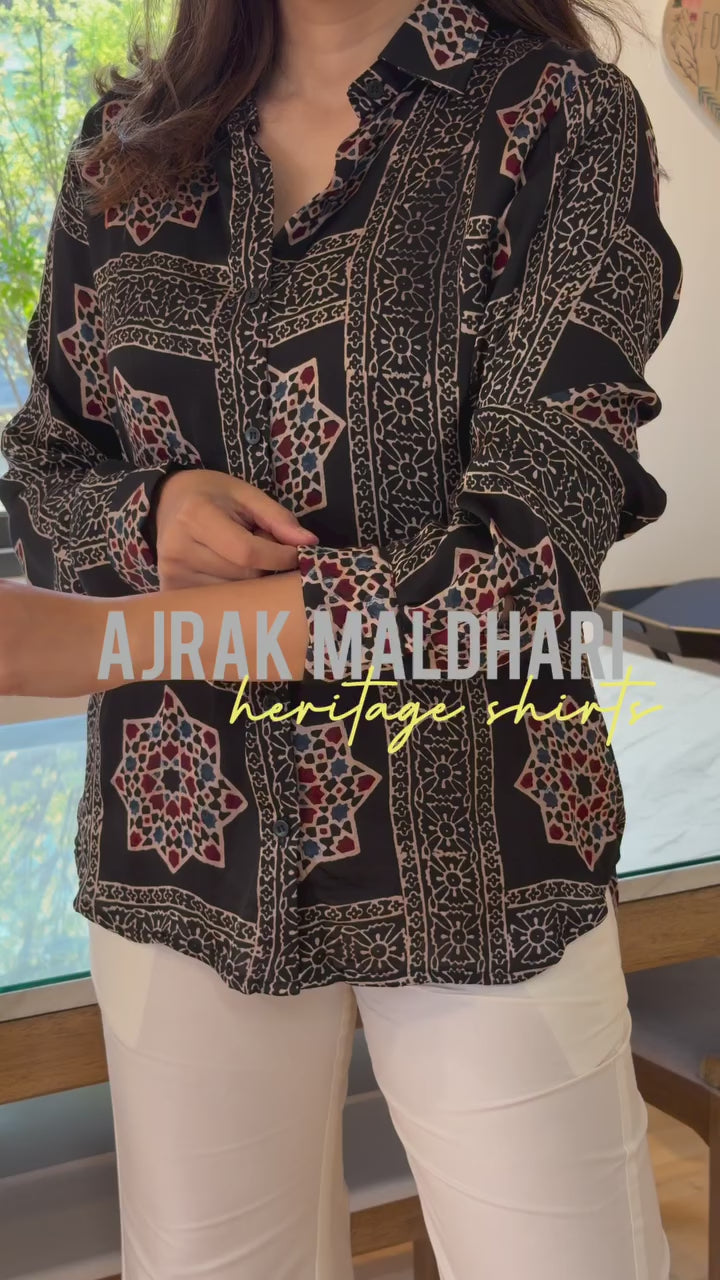 Sahiba Ajrakh Print Maldhari Heritage Black Shirt